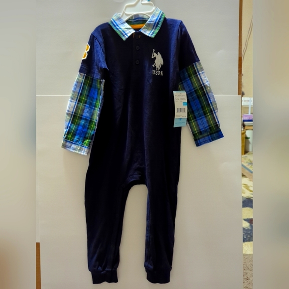 US Polo Boys 24 Month Cotton Solid/Plaid Coverall One Piece Blue/Green NWT - Picture 1 of 15